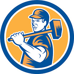 Image showing Union Worker Holding Sledgehammer Circle Retro