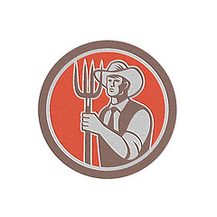 Image showing Metallic Farmer Holding Pitchfork Circle Retrometallic, 3d, metal,