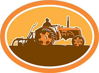 Image showing Farmer Driving Vintage Farm Tractor Oval Retro