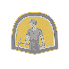 Image showing Metallic Coal Miner Standing Holding Pick Axe Shield Retro