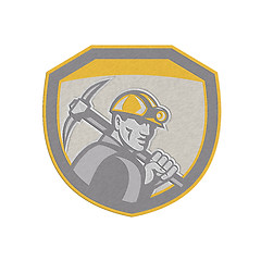 Image showing Metallic Coal Miner Hardhat Holding Pick Axe Shield Retro