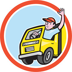 Image showing Delivery Truck Driver Waving Circle Cartoon