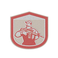 Image showing Metallic Soldier Military Serviceman Holding Assault Rifle Crest Retro