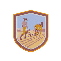 Image showing Metallic Farmer and Horse Plowing Farm Field Crest Retrometallic, 3d, metal,