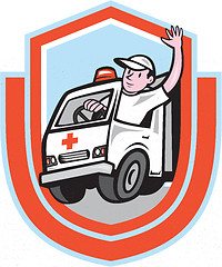 Image showing Ambulance Emergency Vehicle Driver Waving Shield Cartoon