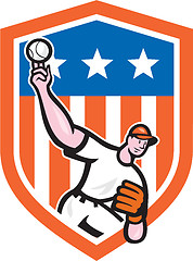 Image showing Baseball Pitcher Throw Ball Shield Cartoon