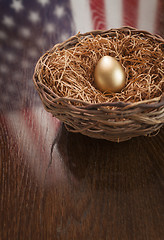 Image showing Golden Egg in Nest with American Flag Reflection on Table