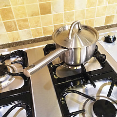 Image showing Metal saucepan on gas stove