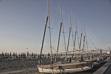 Image showing bathhouse and sailing boats on the seaside