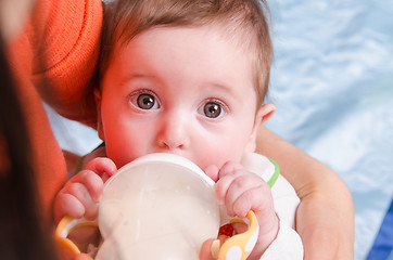 Image showing Six-month girl drinks milk from a bottle