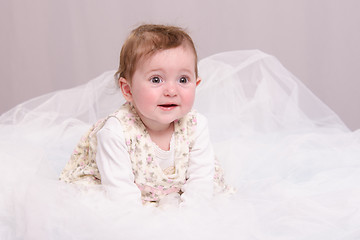 Image showing Six-month baby girl sitting on a couch in tulle