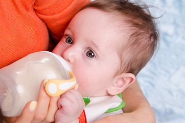 Image showing Six month old baby drinking milk from a bottle