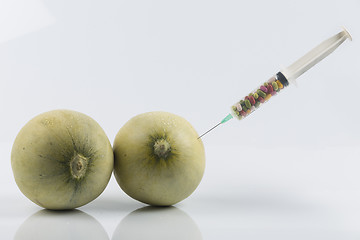 Image showing Melons and syringe with pills