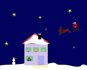 Image showing Santa Claus riding on his reindeer sleigh over the top of a house