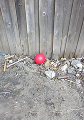 Image showing Red balloon in front of a weathered timber wall