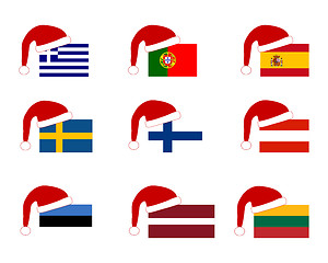 Image showing Flag of nine countries with Santa Claus cap