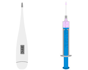 Image showing Illustration of clinical thermometer and injection on white