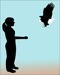 Image showing Woman and bald eagle