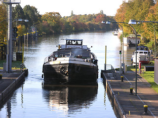 Image showing Barge in a canal in Oldenburg in autumn