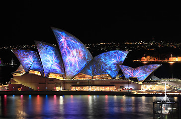 Image showing Sydney Opera House illuminated in visual colour Vivid Sydney