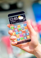 Image showing Smartphone with transparent screen in human hands.