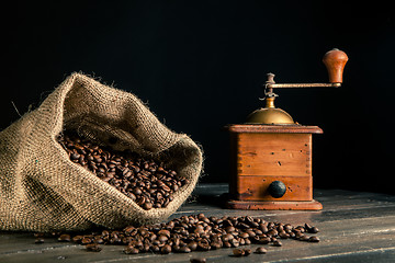 Image showing sack of coffee beans and grnder