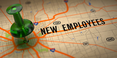 Image showing New Employees - Green Pushpin on a Map Background.