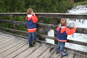 Image showing Brothers looking at the waterfall