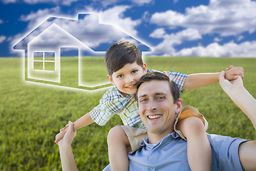 Image showing Father and Son Over Grass Field, Sky, Ghosted House Icon