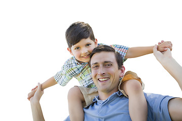 Image showing Father and Son Playing Piggyback on White