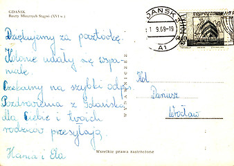 Image showing Vintage postcard with handwritten message