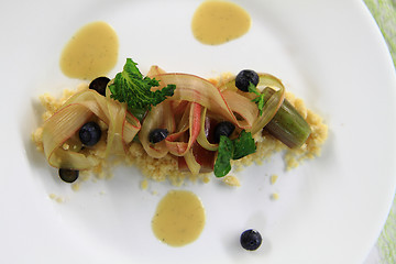 Image showing rhubarb dessert with blueberries, almonds, sweet mint 