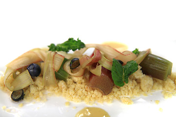 Image showing rhubarb dessert with blueberries, almonds, sweet mint 