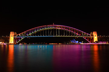 Image showing Sydney Harbour Bridge in colour during Vivid Sydney festival