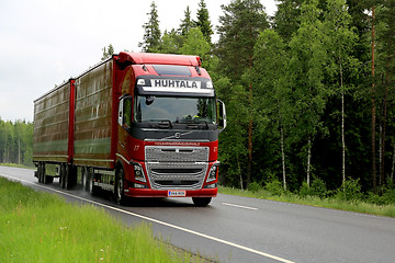 Image showing Red Volvo FH16 Truck on Summer Highway