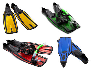 Image showing Set of multicolored flippers, mask, snorkel for diving with wate