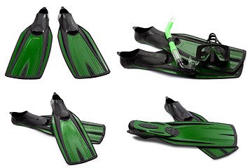 Image showing Set of green swim fins, mask and snorkel for diving