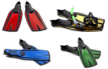 Image showing Set of multicolored swim fins, mask and snorkel for diving