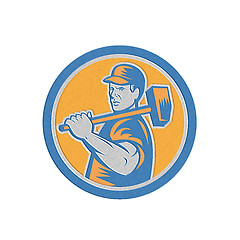 Image showing Metallic Union Worker Holding Sledgehammer Circle Retro