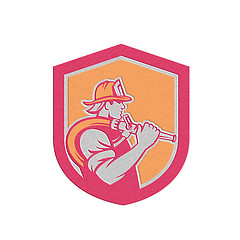 Image showing Metallic Fireman Firefighter Holding Fire Hose Shoulder Shield