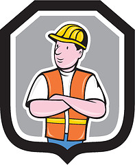 Image showing Construction Worker Arms Crossed Shield Cartoon