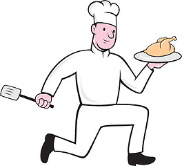 Image showing Chef With Chicken Spatula Running Cartoon