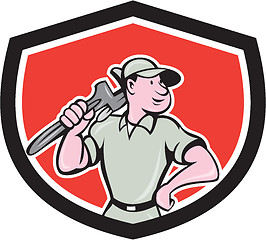 Image showing Plumber Holding Wrench Shield Cartoon