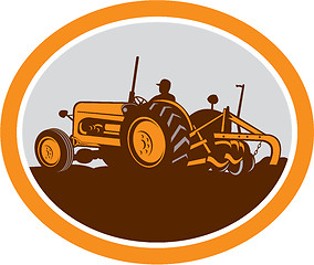 Image showing Vintage Farm Tractor Farmer Plowing Oval Retro