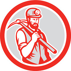 Image showing Coal Miner Hardhat Holding Pick Axe Circle Woodcut