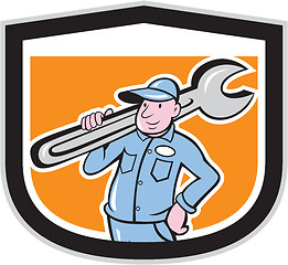 Image showing Plumber Holding Wrench Shield Cartoon