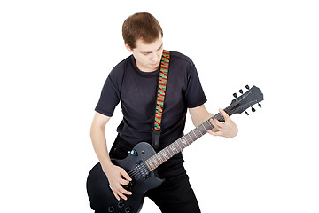 Image showing Man on a white background. Performer with an electric guitar