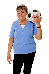 Image showing Elderly woman with soccer ball