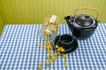 Image showing jar dried coltsfoot on table black ceramic tea pot 