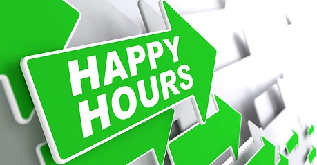 Image showing Happy Hours on Green Direction Arrow Sign.